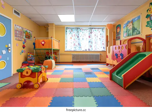 A colorful indoor playground with a variety of toys and play structures.