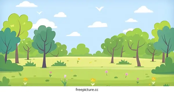 Green Forest Landscape Illustration with Bright Sky