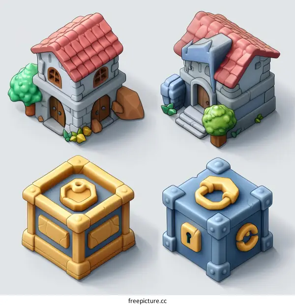 A set of four isometric buildings and chests