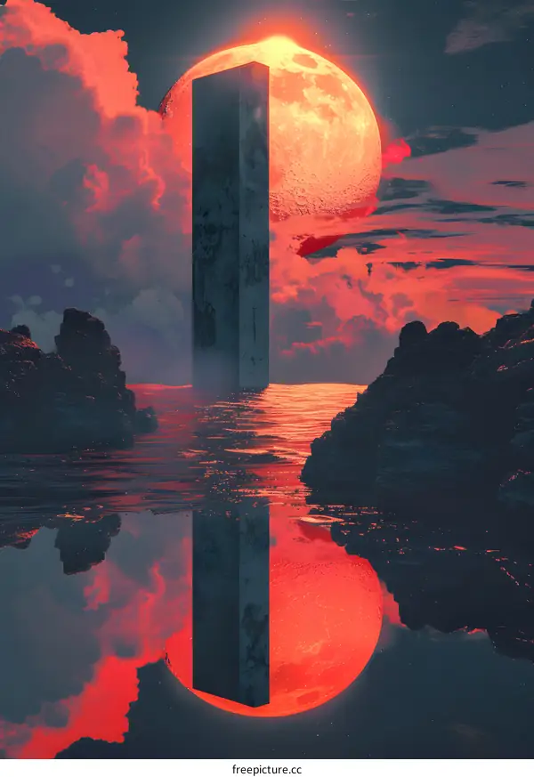 Monolith in the sea under red moon