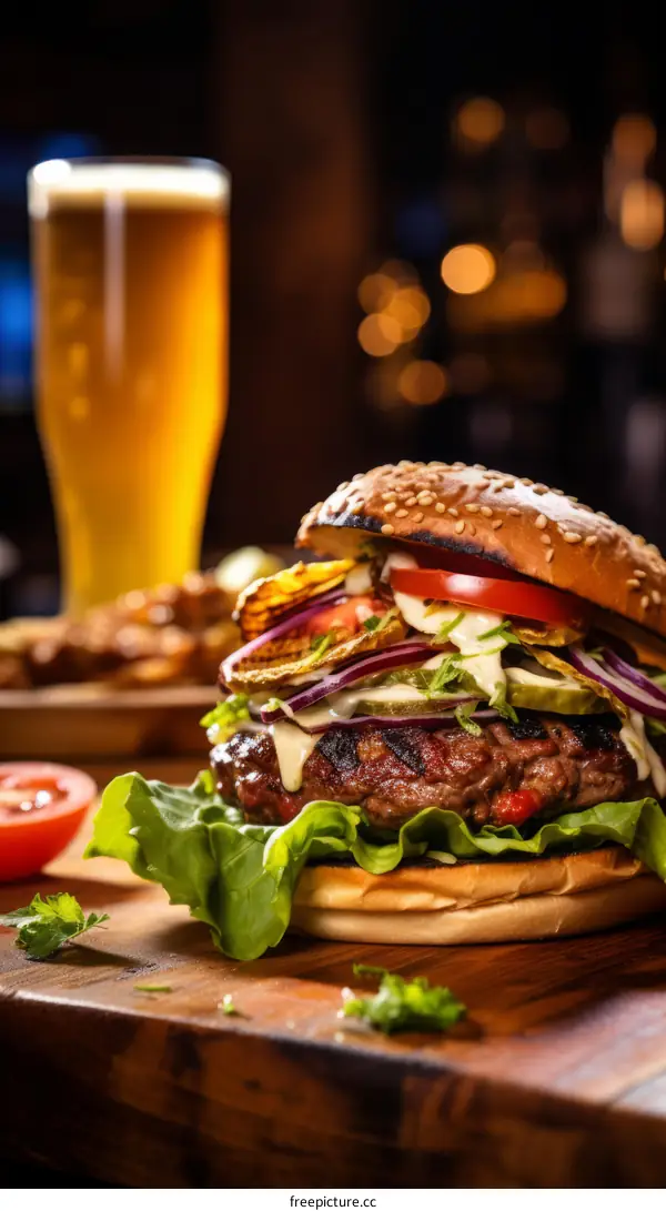 Juicy Burger with Craft Beer on Wooden Table