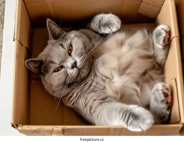 A gray cat is lying in a cardboard box