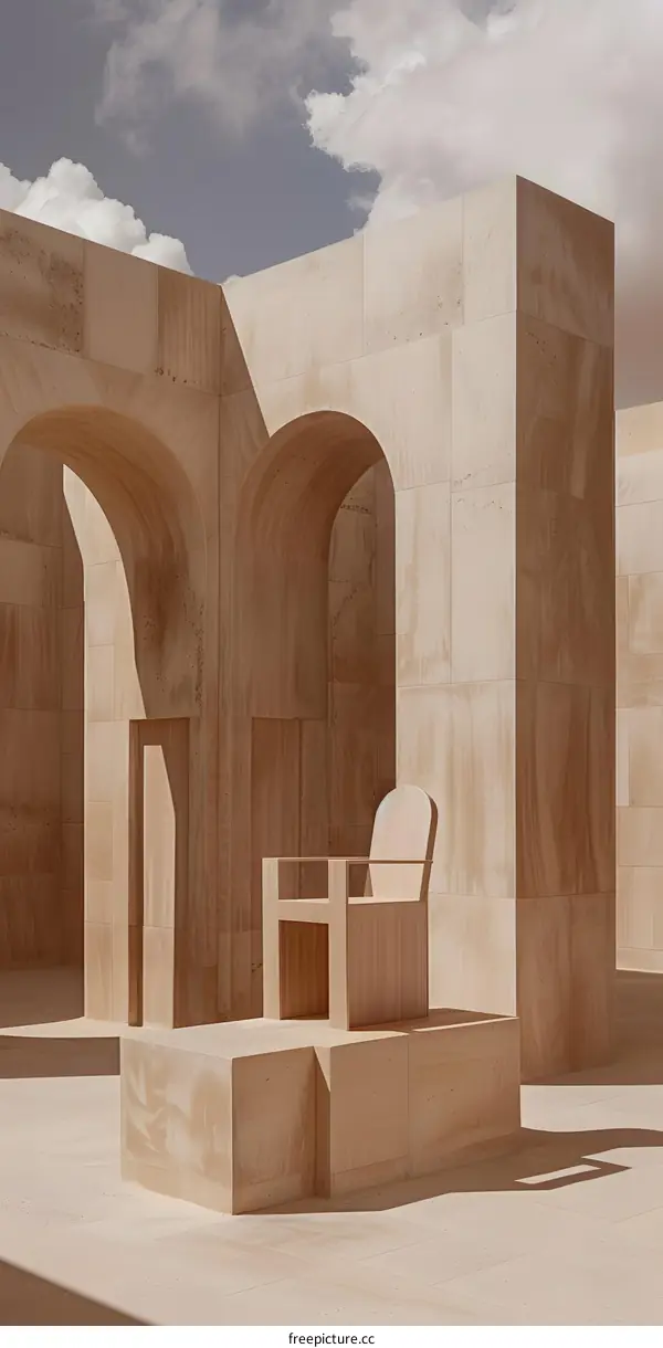 Minimalist Architecture with Arched Entryways and a Wooden Chair