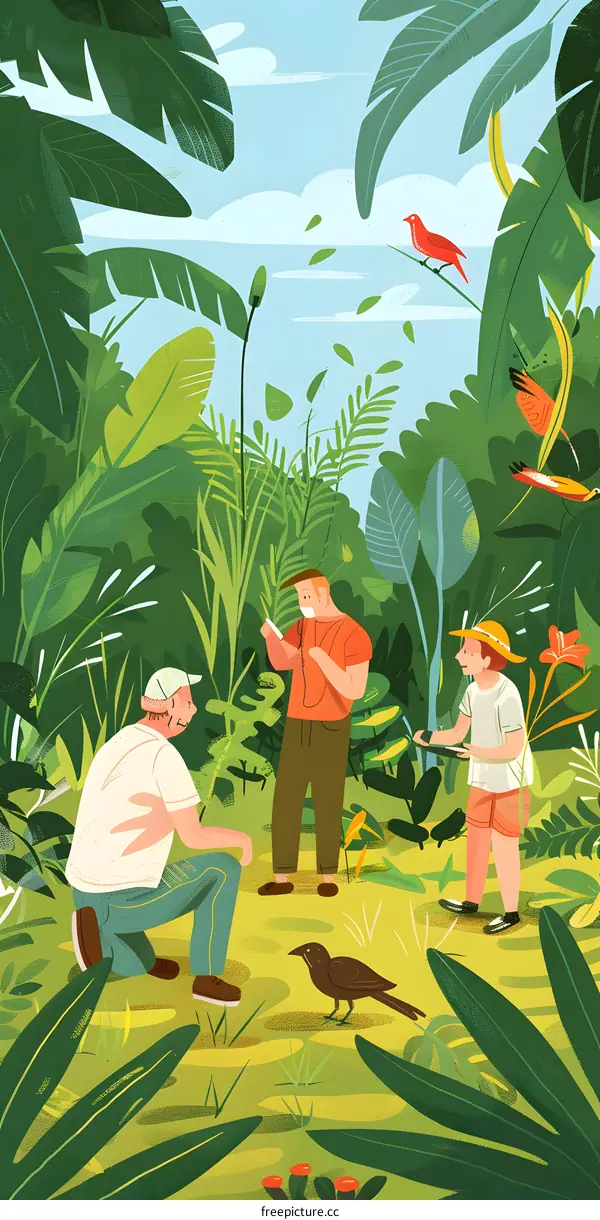 Three People Exploring A Lush Tropical Jungle