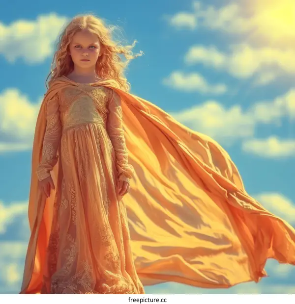 Little Girl Wearing Golden Dress and Cape Standing on Cliff