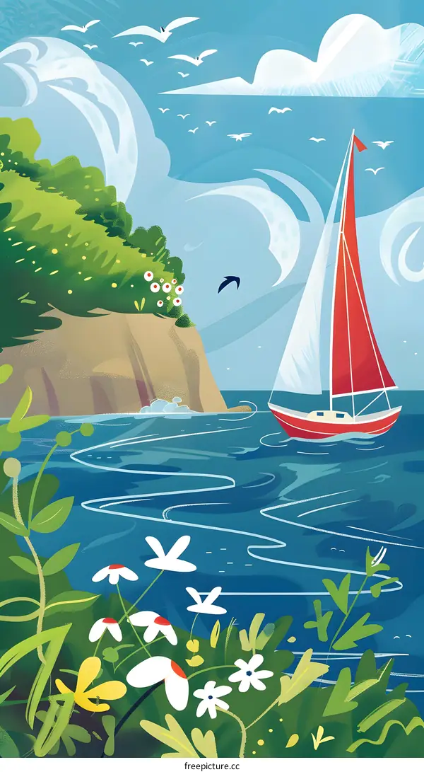 Summer Landscape with Sailboat and Flowers