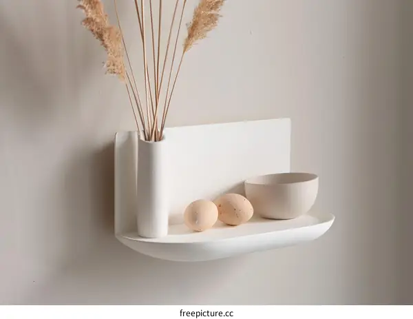 White Wall Shelf With Vase, Eggs, And Bowl