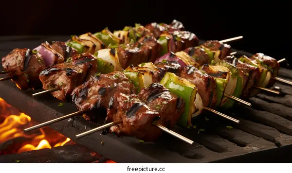 Beef and vegetable skewers on a grill with flames