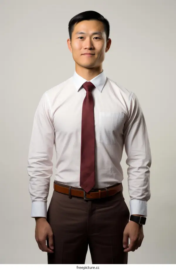 Studio portrait of a young Asian professional man in business attire smiling at the camera