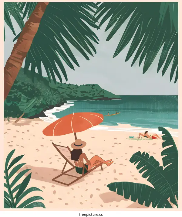 Tropical Beach Illustration with Palm Trees and People Relaxing