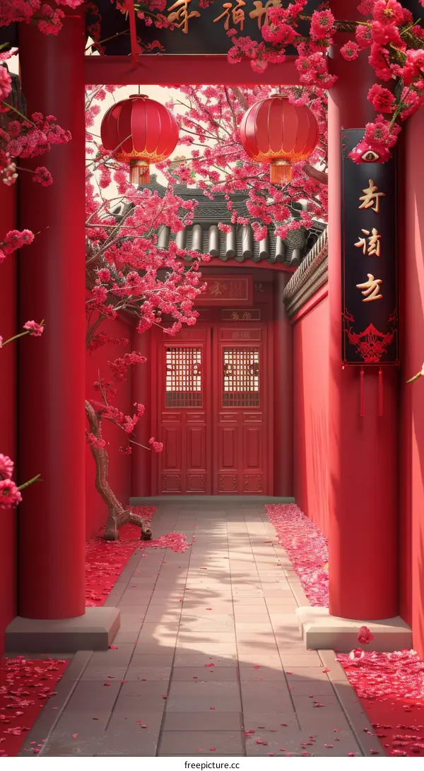 Chinese Courtyard in Spring with Blooming Pink Plum Blossoms