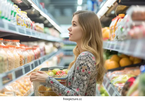 Young woman shopping in supermarket looking at products on shelf
