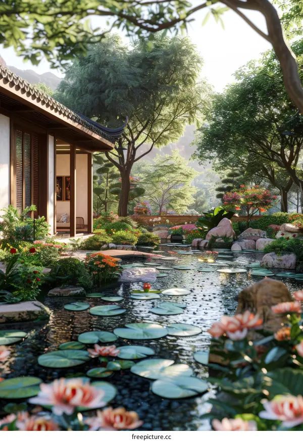 Serene Chinese Courtyard Garden with Pond