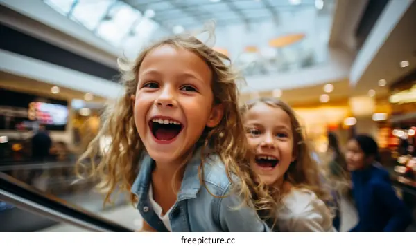 Two happy little girls having fun in the mall