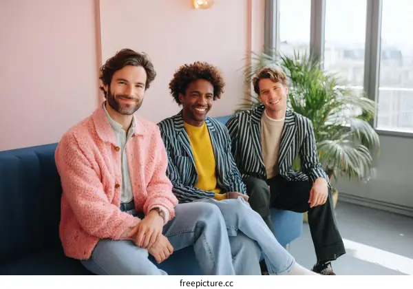Three Diverse Men Relaxing on a Sofa