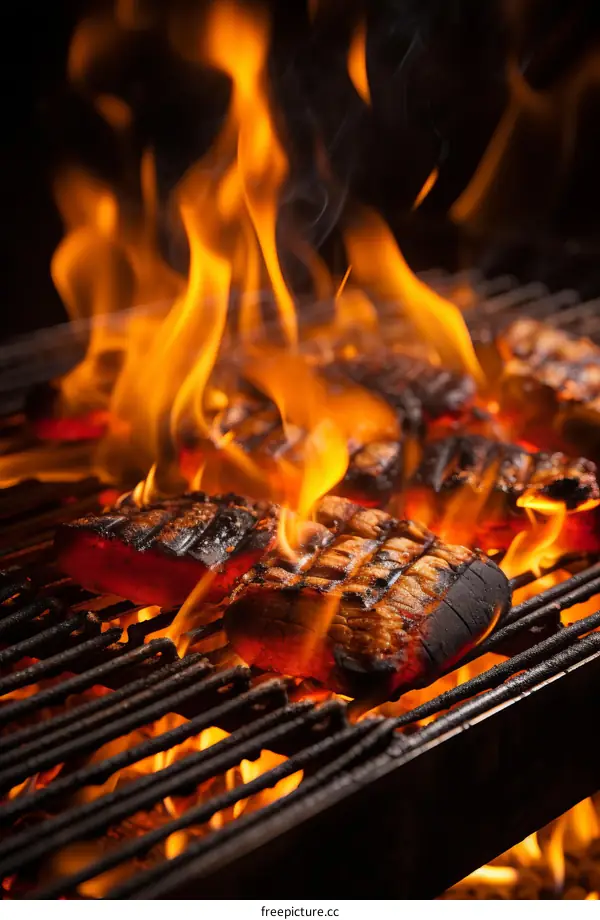 Sizzling Steak on a Flaming Grill