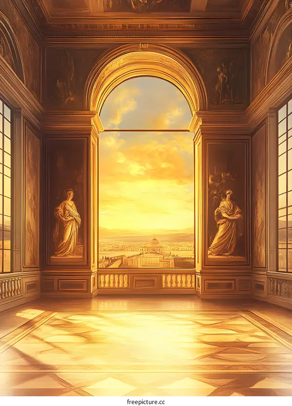 Golden Room with Arch Window and Cityscape View