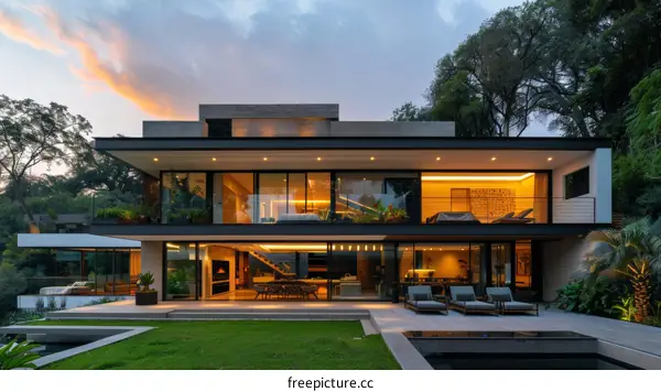 Modern two-story house with large glass windows and a pool