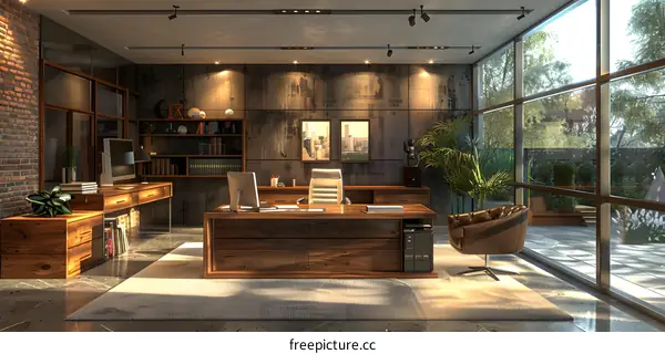 Modern office interior with large windows and wooden furniture