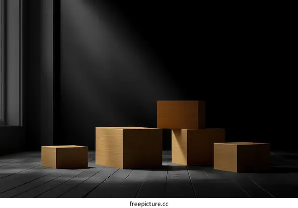 Modern Wooden Display Podiums in a Dark Room