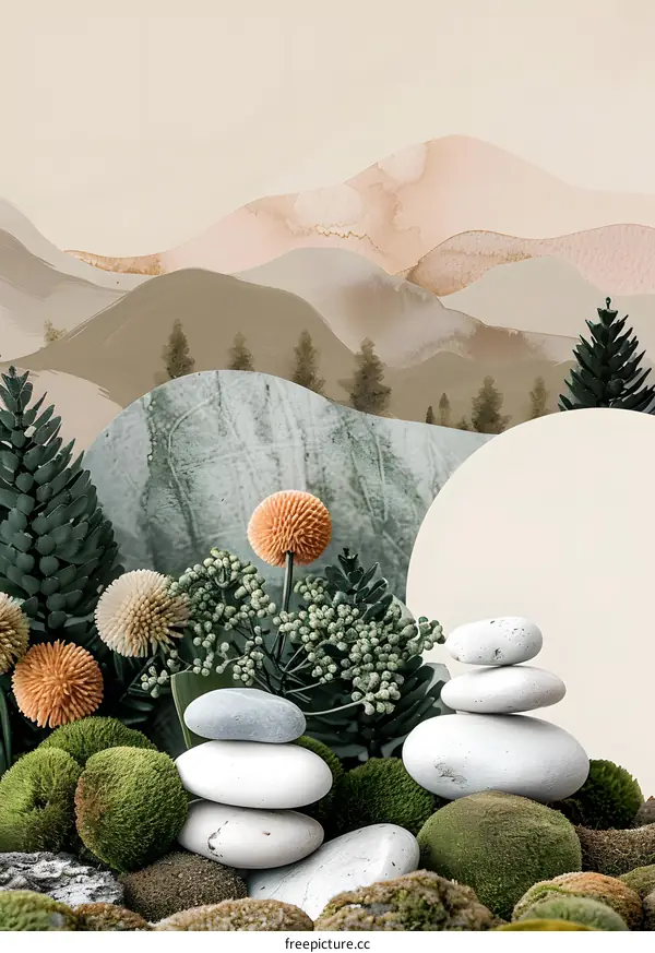 Abstract Watercolor Mountain Landscape with Stones and Flowers