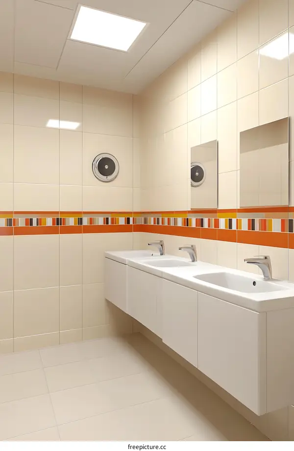 Modern Bathroom with Double Sinks and Decorative Tile Border