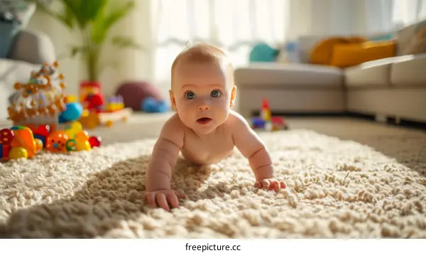 caucasian baby crawling on a fluffy carpet in a bright living room