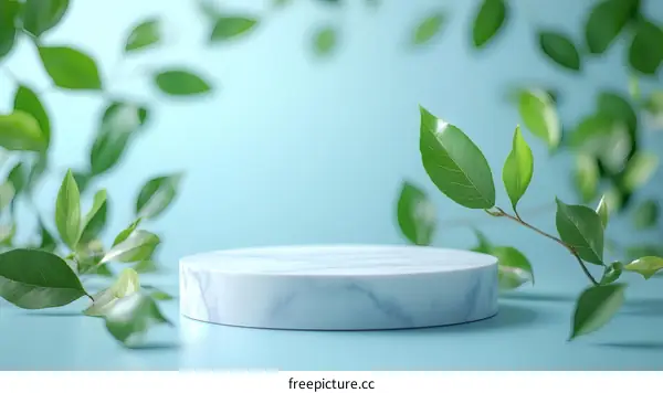 Elegant Marble Display Stand with Fresh Green Leaves