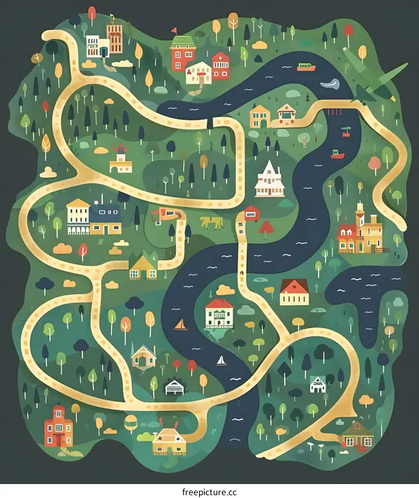 Colorful Illustration of a Town with a Winding Road and River