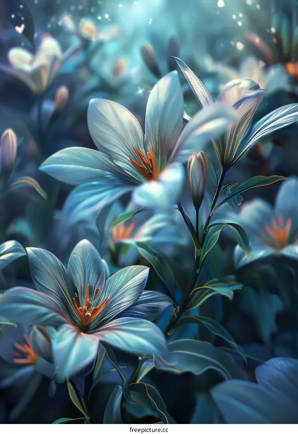 Ethereal Blue Lilies in a Moonlit Garden