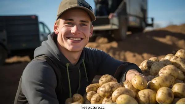 Happy young male farmer with a pile of potatoes