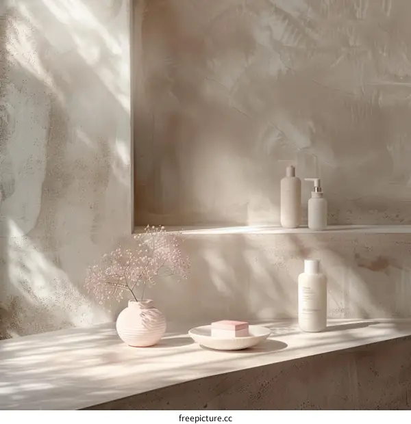 Bathroom Shelves with Shampoo Bottles and Flowers Decor