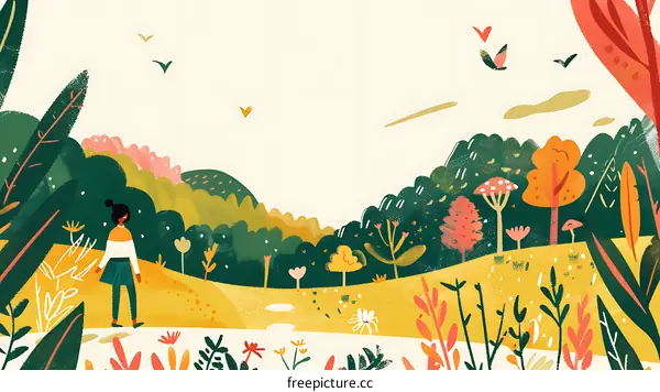 Woman Walking Through Colorful Forest Illustration