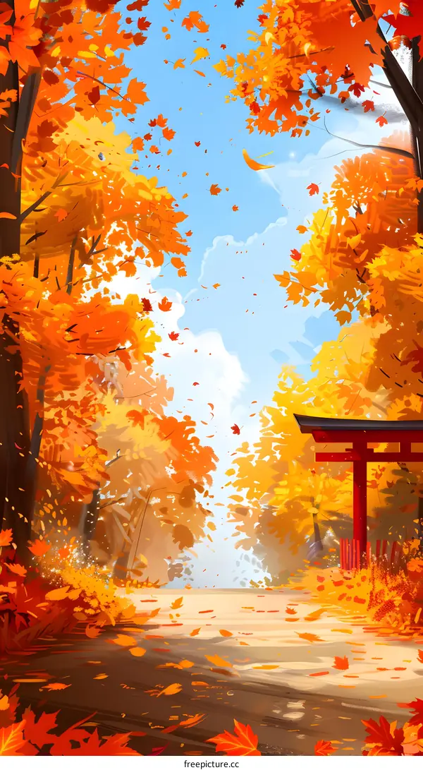 red torii gate in autumn maple forest