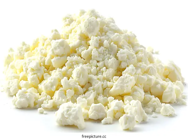 Close Up Of Crumbled Feta Cheese On White Background