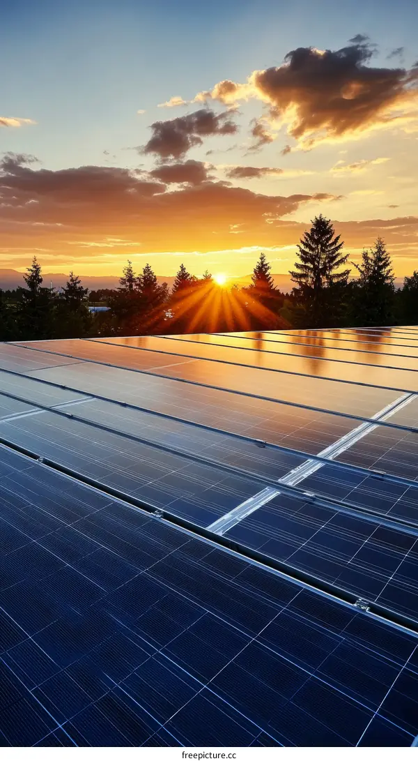 Sunset over Solar Panels on a Rooftop