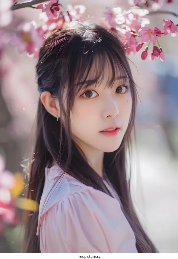 Beautiful Asian Woman with Cherry Blossom
