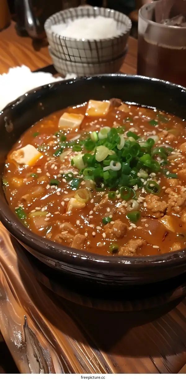 A bowl of Mapo Tofu with rice.