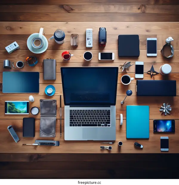 A wooden table covered in various electronic devices and other items