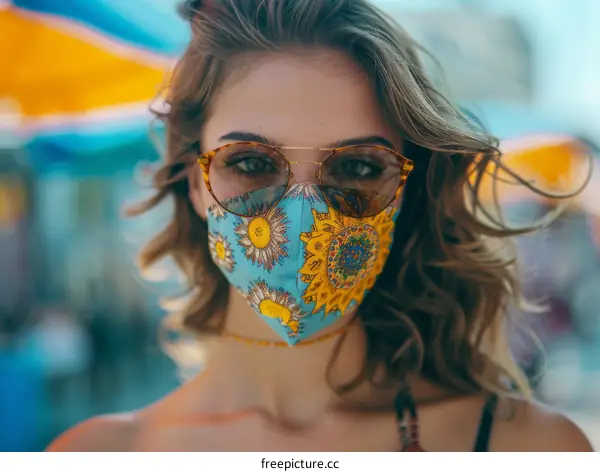 Close-up portrait of a young woman wearing a colorful facial mask