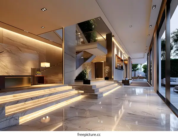 Modern luxury hotel lobby interior with marble floor and walls, and a staircase leading to the second floor. There is a large window at the end of the lobby with a view of the city.