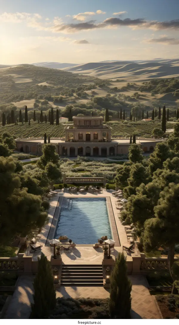 Aerial view of a luxury resort with a pool and a beautiful landscape