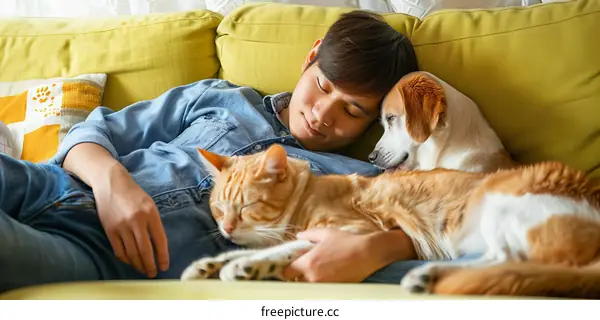 A man is sleeping on the couch with a cat and a dog