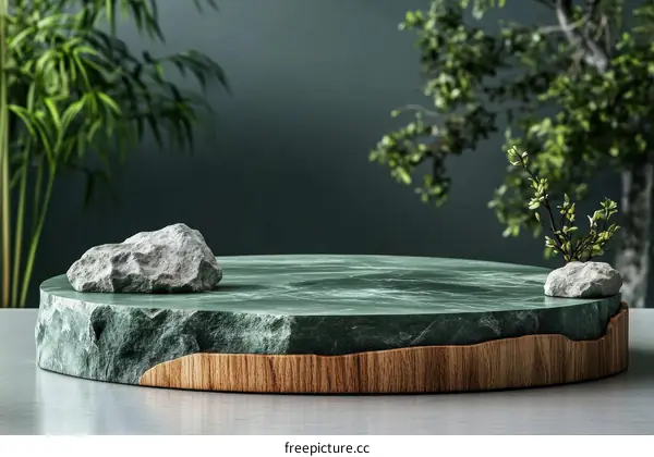Elegant Green Marble Display Stand with Natural Elements