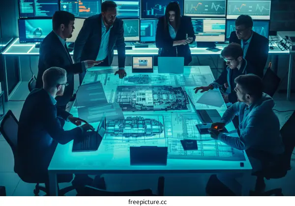 Group of business people discussing project in dark office