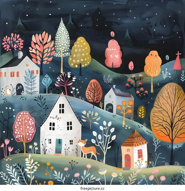 Nighttime Watercolor Illustration of Village with Stars and Deer
