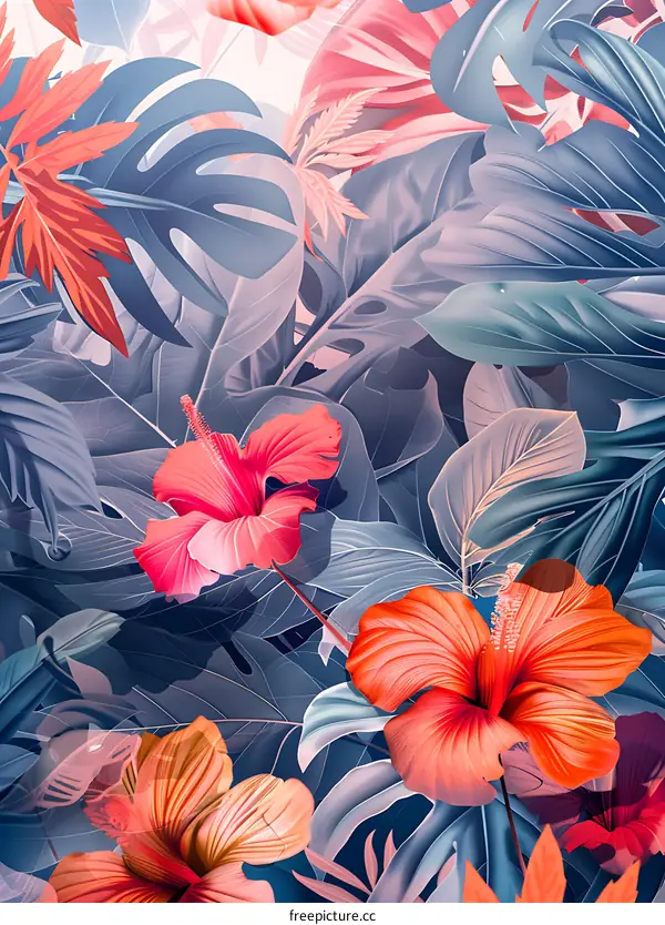 Tropical Floral Pattern with Hibiscus Flowers and Lush Greenery