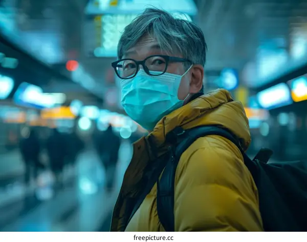 Asian man wearing a mask in a crowded public place