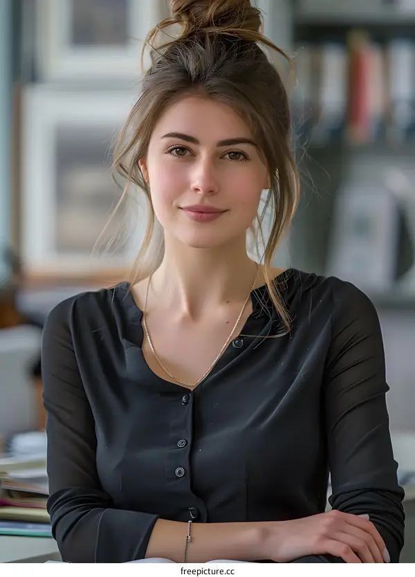 Portrait of a young woman with brown hair and brown eyes wearing a black blouse