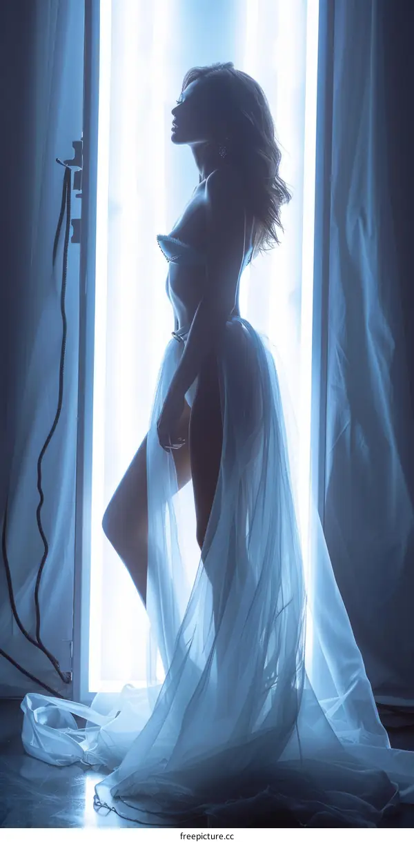 A woman standing in front of a window with a sheer white curtain